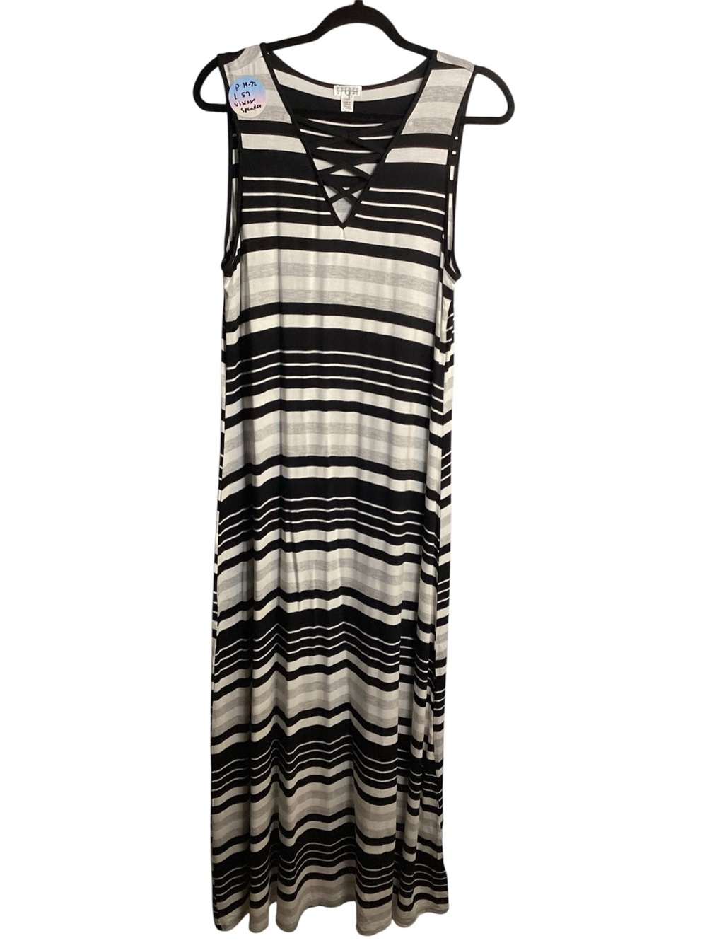 Spense Black and White Striped Maxi Dress with Lattice V-Neck